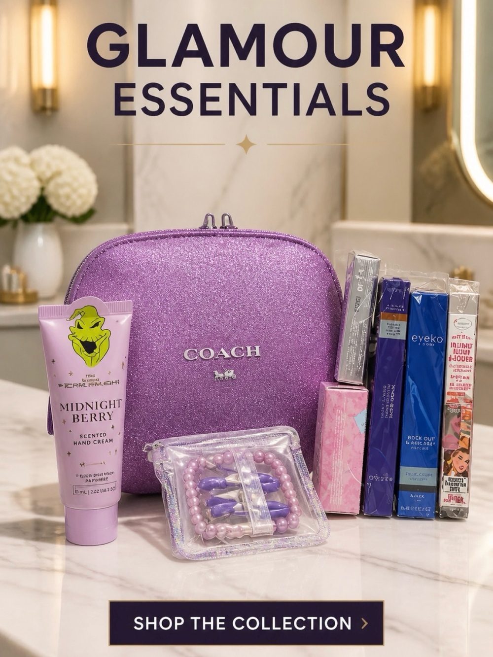 Coach Purple Glitter Cosmetic Case & Spa bundle with Bracelet NWT